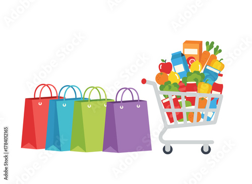 Flat vector illustrations of shopping bags and baskets, featuring grocery items, paper and plastic packaging, turtle bags with products, natural foods, organic fruits and vegetables, and department
