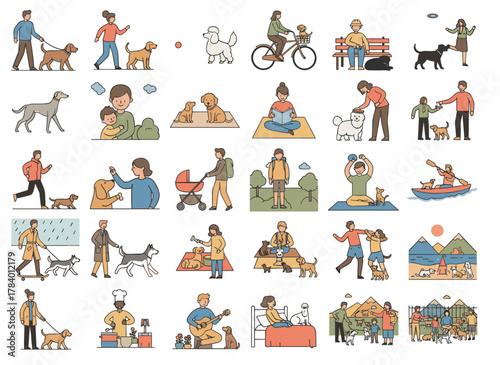 A small group of people strolling with their dogs along the street, depicted as men and women with pets or domestic animals engaging in outdoor activities against a white background, rendered in flat