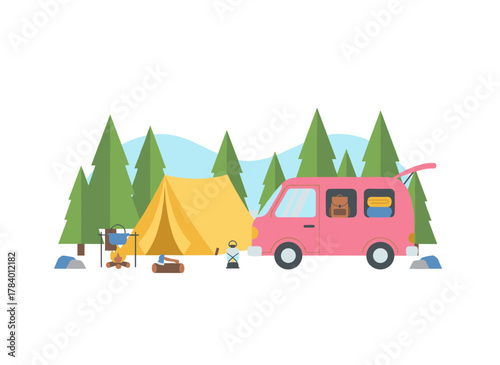 A forest tourist camp featuring a tent, bonfire, firewood, campervan, adventure‑tourism gear, tools for travel, bushcraft, and backpacking, nestled among spruce trees in a flat vector illustration