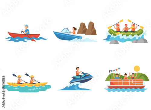 Vector illustrations depict a business team aboard a boat, emphasizing teamwork, cooperation, and joint problem solving across various scenarios, symbolizing a business partnership with the boat