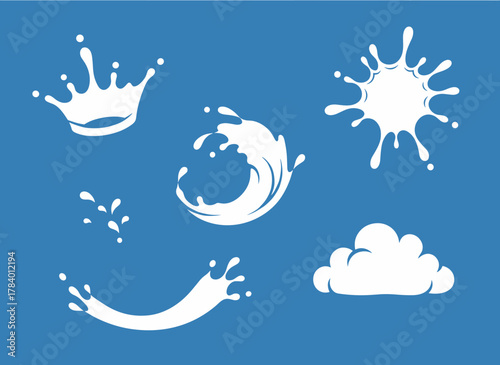 A collection of realistic milk splashes and pours, featuring white spots and drops of various shapes, rendered as a vector illustration on a blue background