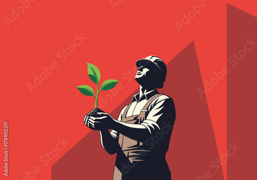 Vintage style farmer holding a young plant on geometric red background