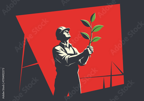 Worker holding plant: hopeful growth in construction industry concept art