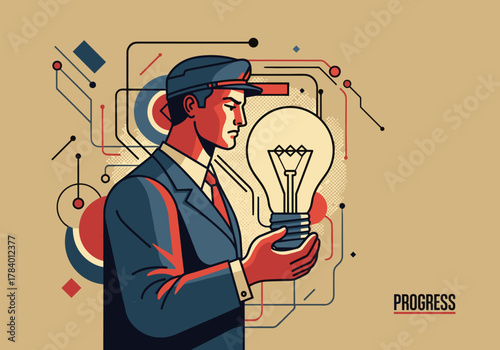 Retro futurism concept with businessman holding light bulb in geometric design