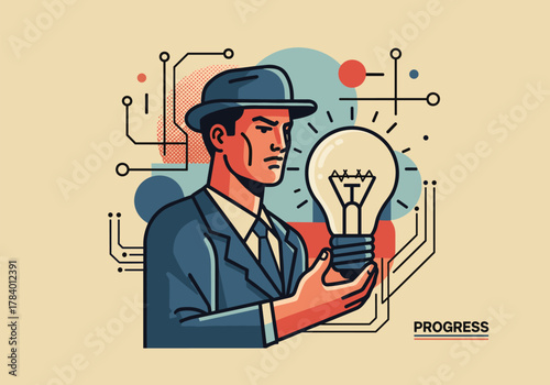 Retro-futuristic man holding lightbulb depicting innovation and technology