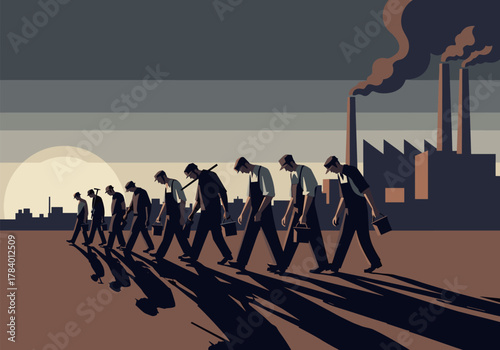 Monochrome industrial workers marching at sunset near smoky factories
