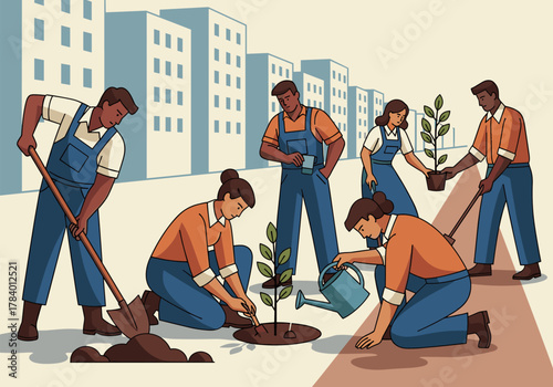 Community gardening effort with people planting trees in urban setting