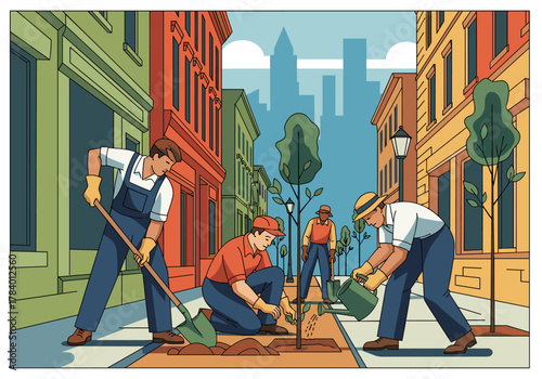 Urban tree planting initiative in vibrant cityscape with volunteers