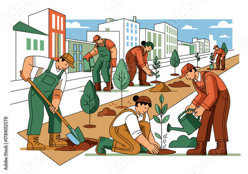 Urban greening initiative: community volunteers planting trees in vibrant city landscape