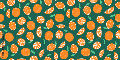 Oranges, a pattern with simple abstract fruits. Slices, halved and whole citrus fruits. Natural food. Colored flat illustration. Seamless bright colored background.