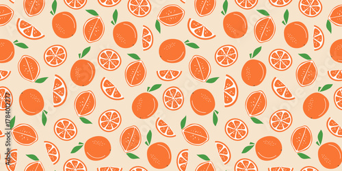 Oranges, simple abstract fruits. Seamless pattern. Slices, halves, and whole citrus. Natural food. Colorful flat illustration, bright repeating background, wallpaper decor.