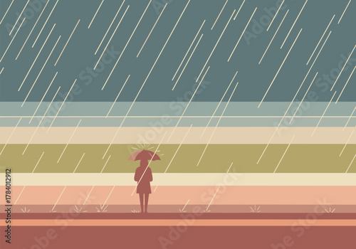 Silhouette of person with umbrella in minimalist rainy landscape
