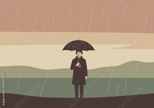 Minimalist rainy day with person holding umbrella in calm landscape