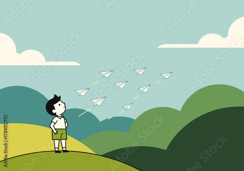 Child watching paper planes soar in minimalistic nature scene