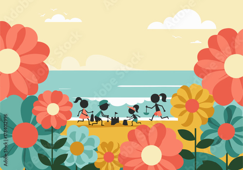Silhouette kids enjoy beach fun in floral summer scene