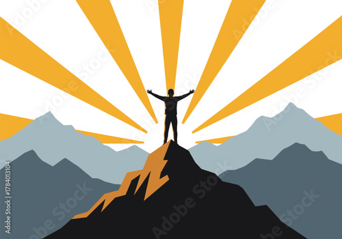 Silhouette of a person celebrating on mountain peak with radiating sunbeams