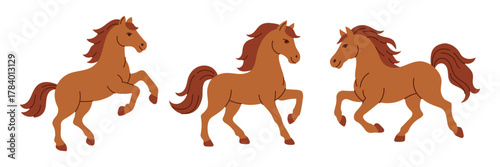 Three horses are shown in a row, each with a different pose
