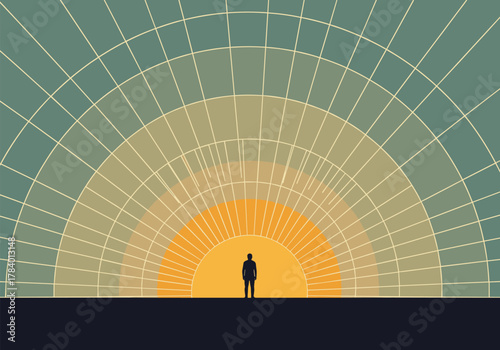 Abstract geometric sunrise with silhouette of a man in retro color scheme