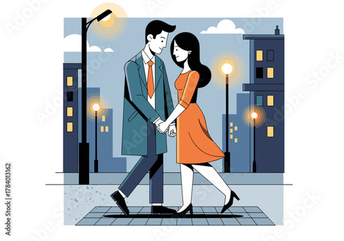 Romantic evening stroll in the city with couple holding hands under streetlights