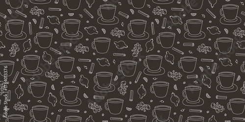 Tea cup. Seamless pattern, vitamin drink. Ginger, lemon, cinnamon, rose hips. Ingredients for warming, healthy tea. Winter season. Drawing, doodles. Black and white repeating background, wallpaper.