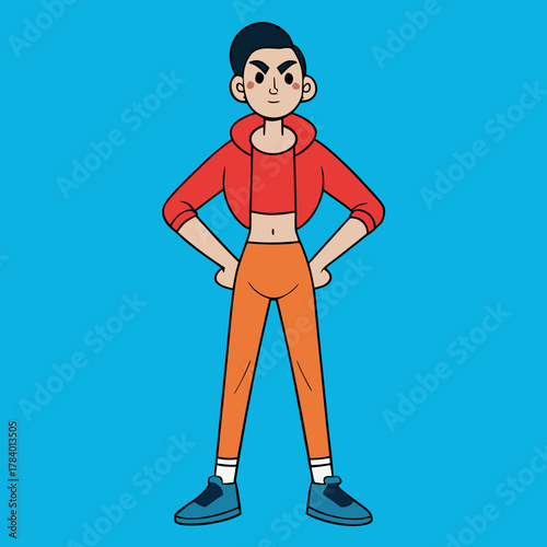 Cartoon character with black hair wearing a red crop top and orange pants