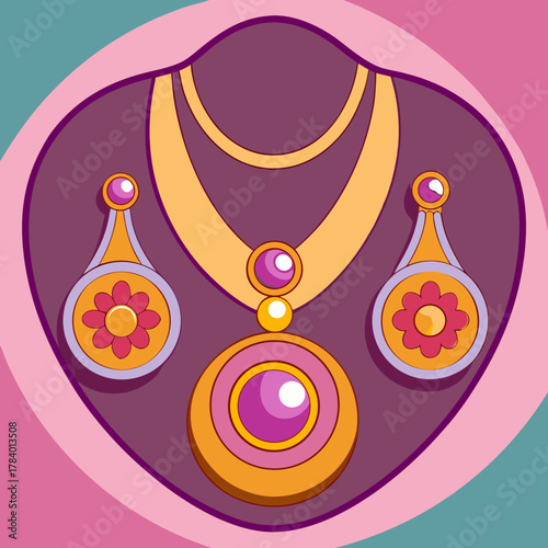Vibrant cartoon jewelry set with necklace and earrings featuring floral designs