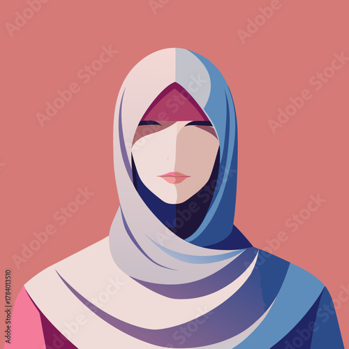 Modern minimalist portrait of a woman wearing a blue and white hijab