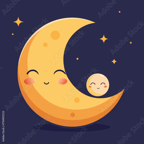 Cute crescent moon embracing a tiny moon under a starry night sky