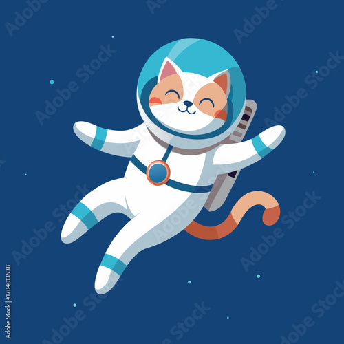 Cute cartoon cat astronaut floating happily in outer space with stars