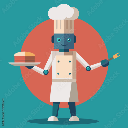 Friendly robot chef presents a delicious cake with a serving utensil