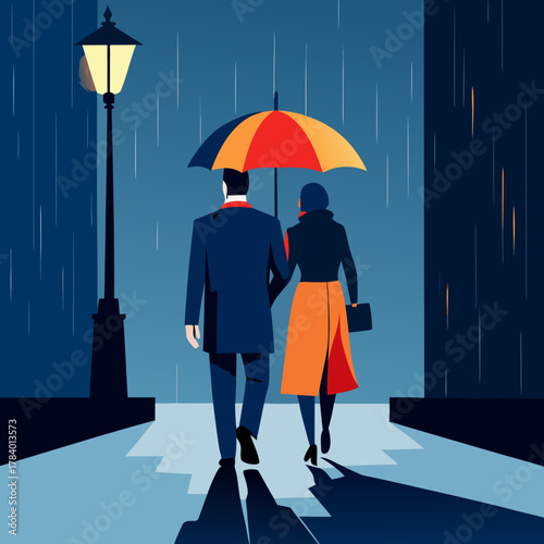 Couple walks under umbrella on rainy city street at night