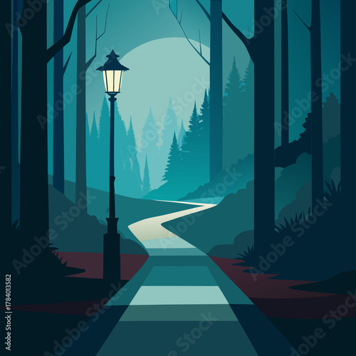 Mysterious forest path illuminated by an old lamppost under a pale moon