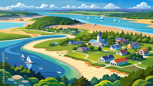 Very beautiful aerial view of Lewis Pond and Seagull Beach in West Yarmouth, Cape Cod, Massachusetts, USA, featuring calm waters, sandy shoreline, coastal greenery, and a realistic scenic seaside land