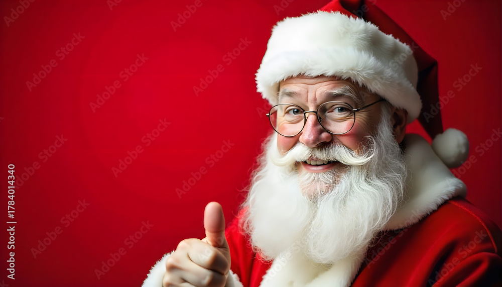 Naklejka premium Modern Santa Claus giving a thumbs-up gesture in front of a bright red background. Cheerful and friendly Christmas concept with copy space, ideal for business, holiday advertising, greeting cards, ad
