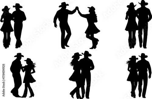 Silhouette of a couple in cowboy hats line dancing. set	