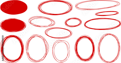 Red circle highlight, pen ovals doodle. Marker ellipses frames in sketch style. Hand drawn vector illustration isolated on white background	
