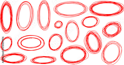 Red circle highlight, pen ovals doodle. Marker ellipses frames in sketch style. Hand drawn vector illustration isolated on white background	
