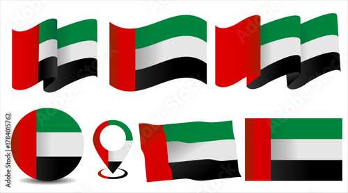 Set of Waving and Flat UAE Flags in Various Modern Styles