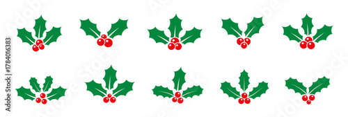 Christmas holly berries and leaves icon set vector illustration. collection of minimal mistletoe, holly berries in different styles best for merry invitations, greeting cards, PNG illustration.