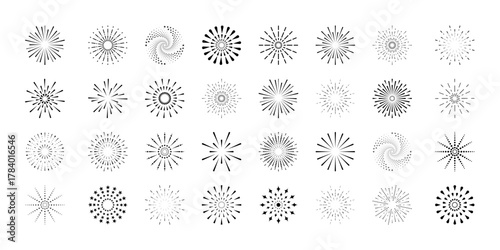 Fireworks icon vector set, black burst shapes, festive sparkle symbols, radial sunbeam, sunburst, or sun ray signs collection for Christmas, new year, holiday, anniversary party celebration.