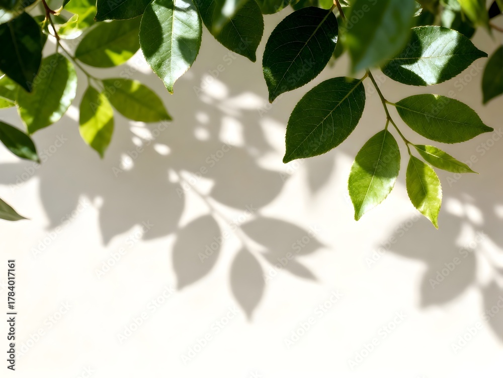 Obraz premium Green leaf shadows on neutral background, sunlight dapple effect, fresh botanical vibe