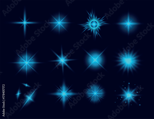 Light set of neon blue flashes of light. Bright stars. Vector Illustrator