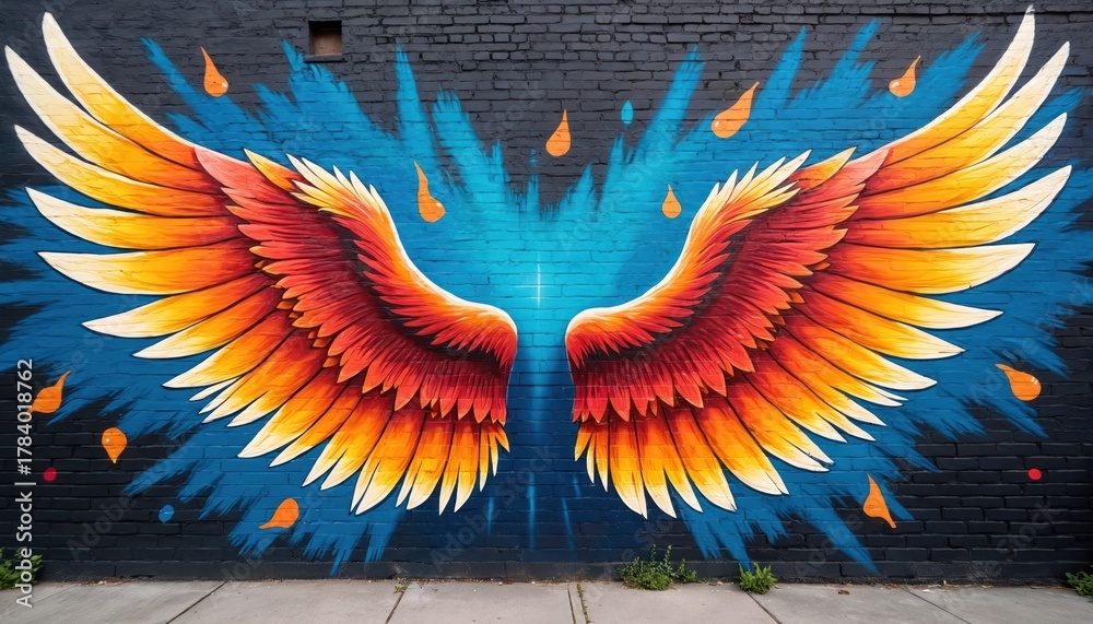Naklejka premium Vibrant angel wings mural on a brick wall. Street art showcases bright colors, details. Urban wallpainting has creative colorful design. Public art on wall. Artistic expression with decoration.