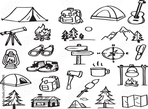 Camping icons set for travel and vacation illustration
