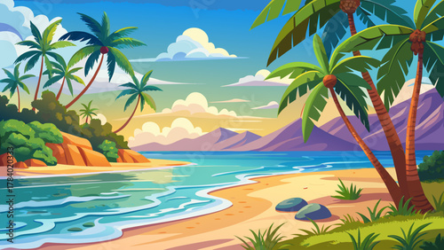 Very beautiful serene beach escape featuring calm ocean waves, swaying palm trees, soft sandy shore, and a realistic relaxing tropical vacation atmosphere with warm natural light.