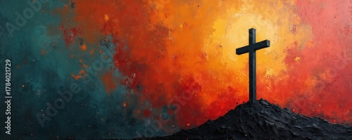 Abstract artwork features a stark cross silhouette atop a rugged mountain. The backdrop presents vibrant textured paint blending fiery oranges and deep blues, evoking religious themes.