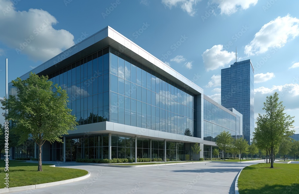 Obraz premium Modern glass office building exterior with clean lines and green trees outside. Tall skyscraper visible in background under a blue sky with white clouds. Minimalist facade.