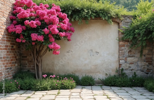 Pink flowers bloom on tree beside weathered brick wall. Green bushes and stone path form garden courtyard. Lush foliage arches over stone and plaster wall.