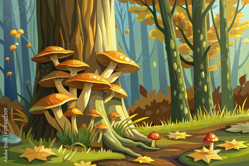 Close up of tree trunk with small mushrooms growing on textured bark, natural forest macro photography, forest mushroom ecosystem, organic nature background, and autumn outdoor environment.