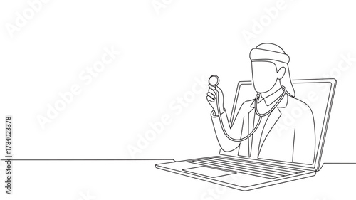 One line drawing of Arabian doctor with stethoscope coming out of laptop screen concept of telemedicine and online medical consultation vector illustration